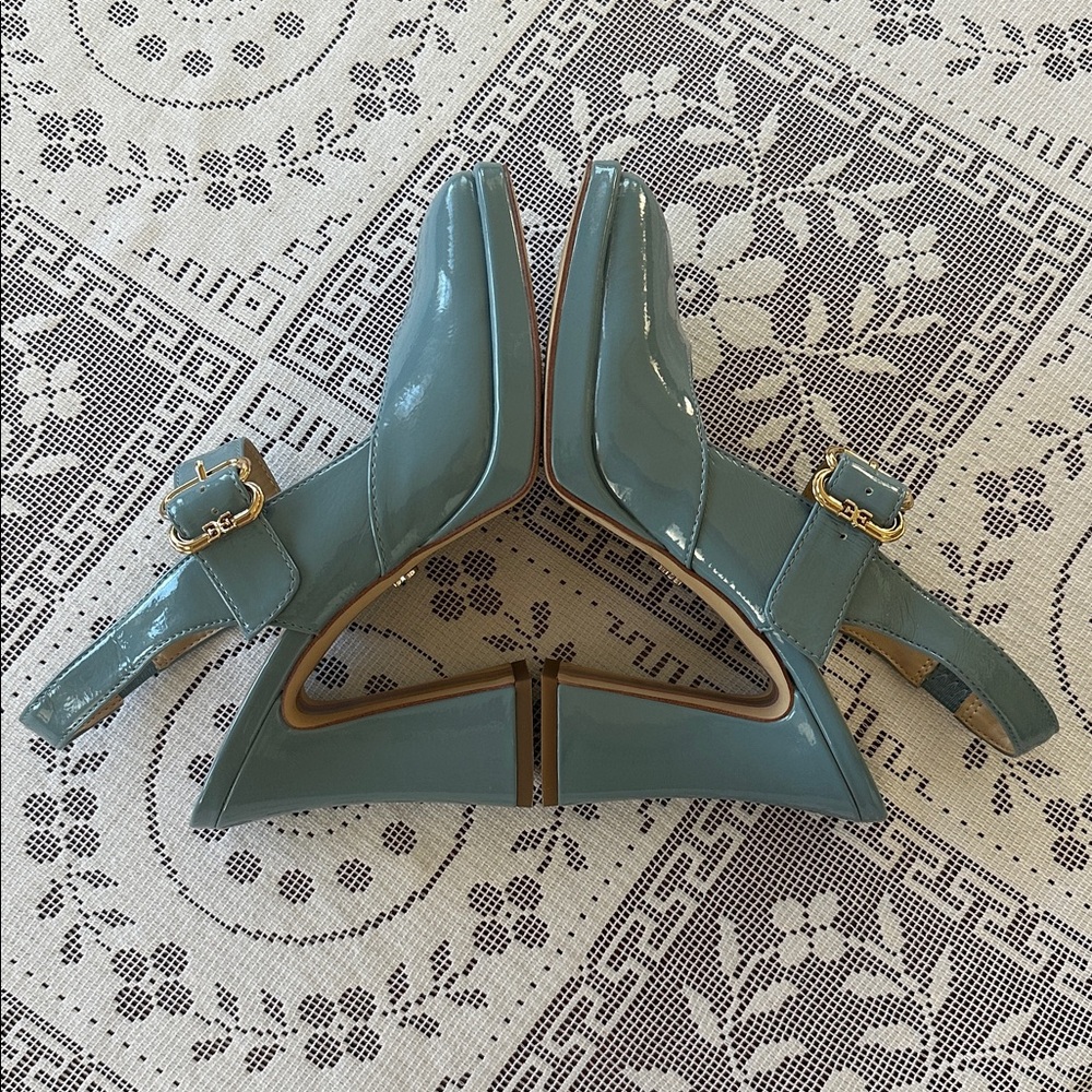 SAM EDELMAN Jildie Slingback Mary Jane Pump Blue Patent Square Toe Block Heel 7 - Picture 6 of 9